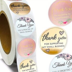 NWT- Thank You Stickers Roll for Small Business -Gold, Pink, White 500 stickers